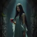 A beautiful Romanian vampire, in a dimly lit crypt, wearing a tattered lace dress, with long, flowing black hair, holding a goblet of blood, stone walls covered in moss, eerie glow, dramatic shadows, gothic horror style