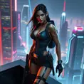 Lara Croft, in a futuristic cityscape, wearing a sleek, high-tech outfit, standing on a skyscraper ledge, neon lights reflecting off her gear, cyberpunk style, intense focus, high detail