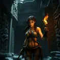 Lara Croft, exploring an ancient temple, torch in hand, surrounded by intricate stone carvings, dramatic shadows, high contrast, detailed textures, epic adventure scene