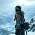 Lara Croft, in a snowy mountain landscape, wearing a winter outfit with climbing gear, looking out over a vast valley, soft snowfall, serene atmosphere, realistic details, emotional depth