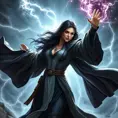 Yennefer, in a dramatic battle scene, casting a powerful spell with her hands raised, her robes billowing in the wind, surrounded by swirling magical energy and lightning, intense action pose, hyper-detailed, 8k