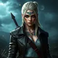 Young Ciri from The Witcher 3 with dragon-themed tattoos on her face and arms, wearing a leather jacket, standing in a stormy battlefield, dramatic lighting, ultra-detailed, 8K