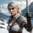 Ciri from The Witcher 3 with warrior tattoos symbolizing her journey, wielding a sword in a snowy landscape, intense focus, cinematic lighting, ultra-detailed, 8K