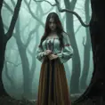 A beautiful Romanian vampire, in a misty forest, wearing a traditional Romanian blouse with a long skirt, holding a silver cross, surrounded by ancient trees, foggy ambiance, mysterious and alluring, high detail, cinematic lighting