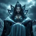 Yennefer, sitting on a throne of ice, her eyes glowing with magical power, with a backdrop of a frozen landscape and a stormy sky, her expression cold and commanding, ultra-realistic, 8k