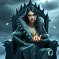 Yennefer, sitting on a throne of ice, her eyes glowing with magical power, with a backdrop of a frozen landscape and a stormy sky, her expression cold and commanding, ultra-realistic, 8k