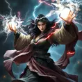 Yennefer, in a dramatic battle scene, casting a powerful spell with her hands raised, her robes billowing in the wind, surrounded by swirling magical energy and lightning, intense action pose, hyper-detailed, 8k