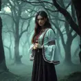 A beautiful Romanian vampire, in a misty forest, wearing a traditional Romanian blouse with a long skirt, holding a silver cross, surrounded by ancient trees, foggy ambiance, mysterious and alluring, high detail, cinematic lighting