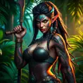 Nidalee, the fierce huntress with tribal tattoos covering her arms and face, standing in a lush jungle, dynamic pose, vibrant colors, hyper-realistic, cinematic lighting