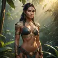 Nidalee, the guardian of the wild, with detailed tribal tattoos on her torso and arms, standing in a misty jungle, golden hour lighting, soft shadows, cinematic realism