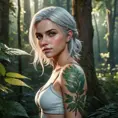 Ciri from The Witcher 3 with nature-inspired tattoos blending with her surroundings, standing in a lush, enchanted forest, soft ambient lighting, hyper-realistic, 8K resolution