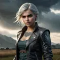 Young Ciri from The Witcher 3 with dragon-themed tattoos on her face and arms, wearing a leather jacket, standing in a stormy battlefield, dramatic lighting, ultra-detailed, 8K