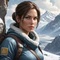 Lara Croft, in a snowy mountain landscape, wearing a winter outfit with climbing gear, looking out over a vast valley, soft snowfall, serene atmosphere, realistic details, emotional depth