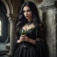 A beautiful Romanian vampire, in a dimly lit crypt, wearing a tattered lace dress, with long, flowing black hair, holding a goblet of blood, stone walls covered in moss, eerie glow, dramatic shadows, gothic horror style