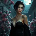 A beautiful Romanian vampire, in a moonlit courtyard, wearing a modern yet elegant black dress, with a subtle, sinister smile, surrounded by blooming night-blooming flowers, soft moonlight, seductive and dangerous, high contrast, realistic textures