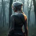 Ciri from The Witcher 3 with intricate tribal tattoos covering her arms and back, standing in a misty forest, cinematic lighting, hyper-realistic, 8K resolution