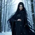 Yennefer of Vengerberg, standing elegantly in a snow-covered forest, with her long, flowing black hair and piercing violet eyes, wearing her signature dark sorceress robes, with magical energy swirling around her, cinematic lighting, high detail, 8k