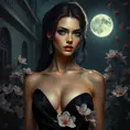 A beautiful Romanian vampire, in a moonlit courtyard, wearing a modern yet elegant black dress, with a subtle, sinister smile, surrounded by blooming night-blooming flowers, soft moonlight, seductive and dangerous, high contrast, realistic textures