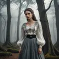 A beautiful Romanian vampire, in a misty forest, wearing a traditional Romanian blouse with a long skirt, holding a silver cross, surrounded by ancient trees, foggy ambiance, mysterious and alluring, high detail, cinematic lighting