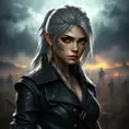 Young Ciri from The Witcher 3 with dragon-themed tattoos on her face and arms, wearing a leather jacket, standing in a stormy battlefield, dramatic lighting, ultra-detailed, 8K