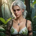 Ciri from The Witcher 3 with nature-inspired tattoos blending with her surroundings, standing in a lush, enchanted forest, soft ambient lighting, hyper-realistic, 8K resolution