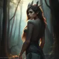 Nidalee, the Shaman Queen, adorned with intricate tribal tattoos on her chest and back, standing in a mystical forest, ethereal glow, soft focus, fantasy art style