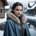 A beautiful Romanian vampire, in a snow-covered village, wearing a fur-lined cloak, with a haunting gaze, standing near a frozen river, icy blue tones, serene yet foreboding, detailed facial features, emotional depth