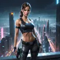 Lara Croft, in a futuristic cityscape, wearing a sleek, high-tech outfit, standing on a skyscraper ledge, neon lights reflecting off her gear, cyberpunk style, intense focus, high detail