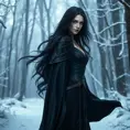 Yennefer of Vengerberg, standing elegantly in a snow-covered forest, with her long, flowing black hair and piercing violet eyes, wearing her signature dark sorceress robes, with magical energy swirling around her, cinematic lighting, high detail, 8k