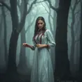 A beautiful Romanian vampire, in a misty forest, wearing a traditional Romanian blouse with a long skirt, holding a silver cross, surrounded by ancient trees, foggy ambiance, mysterious and alluring, high detail, cinematic lighting