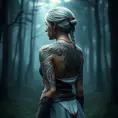 Ciri from The Witcher 3 with intricate tribal tattoos covering her arms and back, standing in a misty forest, cinematic lighting, hyper-realistic, 8K resolution