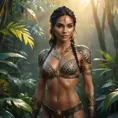 Nidalee, the guardian of the wild, with detailed tribal tattoos on her torso and arms, standing in a misty jungle, golden hour lighting, soft shadows, cinematic realism