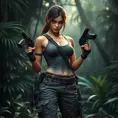 Lara Croft, standing in a lush jungle, wearing her iconic dual pistols and cargo pants, with a determined expression, cinematic lighting, hyper-realistic, 8K resolution, dynamic composition