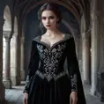 A beautiful Romanian vampire, standing in a Transylvanian castle, wearing a flowing, dark velvet gown with intricate embroidery, pale skin, red eyes, moonlight casting eerie shadows, gothic atmosphere, hyper-realistic, 8K resolution