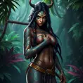 Nidalee, the fierce huntress with tribal tattoos covering her arms and face, standing in a lush jungle, dynamic pose, vibrant colors, hyper-realistic, cinematic lighting