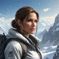 Lara Croft, in a snowy mountain landscape, wearing a winter outfit with climbing gear, looking out over a vast valley, soft snowfall, serene atmosphere, realistic details, emotional depth