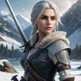 Ciri from The Witcher 3 with warrior tattoos symbolizing her journey, wielding a sword in a snowy landscape, intense focus, cinematic lighting, ultra-detailed, 8K