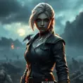 Young Ciri from The Witcher 3 with dragon-themed tattoos on her face and arms, wearing a leather jacket, standing in a stormy battlefield, dramatic lighting, ultra-detailed, 8K