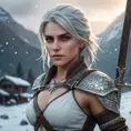 Ciri from The Witcher 3 with warrior tattoos symbolizing her journey, wielding a sword in a snowy landscape, intense focus, cinematic lighting, ultra-detailed, 8K