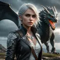 Young Ciri from The Witcher 3 with dragon-themed tattoos on her face and arms, wearing a leather jacket, standing in a stormy battlefield, dramatic lighting, ultra-detailed, 8K