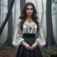 A beautiful Romanian vampire, in a misty forest, wearing a traditional Romanian blouse with a long skirt, holding a silver cross, surrounded by ancient trees, foggy ambiance, mysterious and alluring, high detail, cinematic lighting