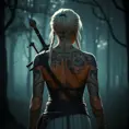 Ciri from The Witcher 3 with intricate tribal tattoos covering her arms and back, standing in a misty forest, cinematic lighting, hyper-realistic, 8K resolution