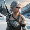 Ciri from The Witcher 3 with warrior tattoos symbolizing her journey, wielding a sword in a snowy landscape, intense focus, cinematic lighting, ultra-detailed, 8K