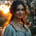 Yennefer, in a serene garden at sunset, with blooming flowers and a gentle breeze, her expression soft and serene, with a gentle smile, her hair gently flowing, ultra-realistic, 8k