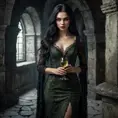 A beautiful Romanian vampire, in a dimly lit crypt, wearing a tattered lace dress, with long, flowing black hair, holding a goblet of blood, stone walls covered in moss, eerie glow, dramatic shadows, gothic horror style