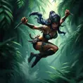 Nidalee, the warrior with bold, geometric tattoos on her arms and legs, leaping through a dense jungle, motion blur, high contrast, digital painting style