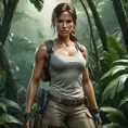 Lara Croft, standing in a lush jungle, wearing her iconic dual pistols and cargo pants, with a determined expression, cinematic lighting, hyper-realistic, 8K resolution, dynamic composition