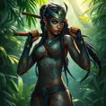 Nidalee, the fierce huntress with tribal tattoos covering her arms and face, standing in a lush jungle, dynamic pose, vibrant colors, hyper-realistic, cinematic lighting