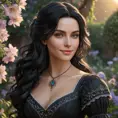 Yennefer, in a serene garden at sunset, with blooming flowers and a gentle breeze, her expression soft and serene, with a gentle smile, her hair gently flowing, ultra-realistic, 8k