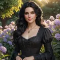 Yennefer, in a serene garden at sunset, with blooming flowers and a gentle breeze, her expression soft and serene, with a gentle smile, her hair gently flowing, ultra-realistic, 8k